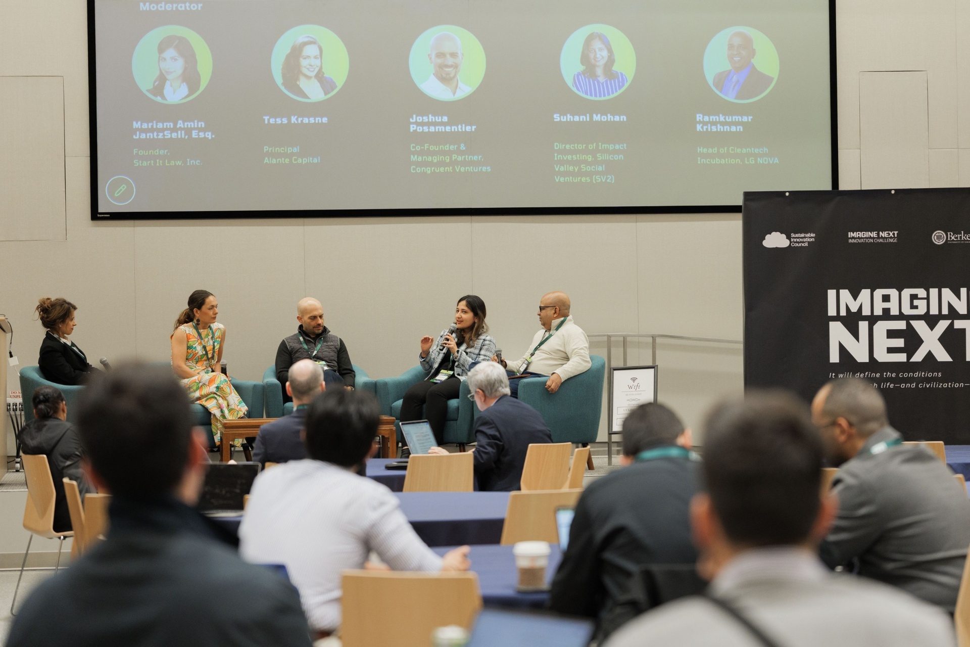 Capital Day investor panel at UC Law SF — Mariam Amin JantzSell moderating Tess Krasne, Joshua Posamentier, Suhani Mohan and Ramkumar Krishnan, with speaker bios on screen