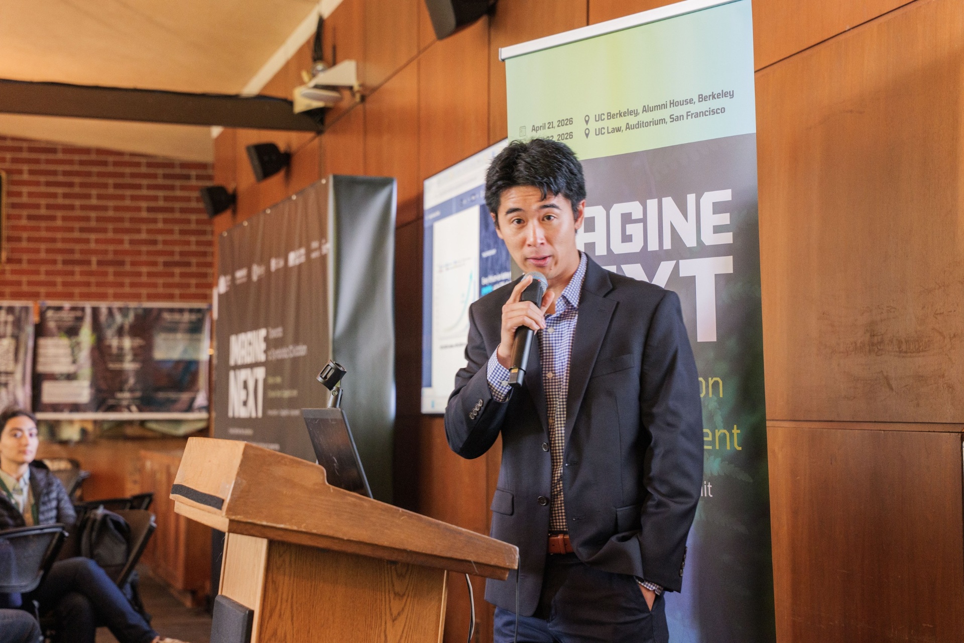 Startup founder pitching from the podium